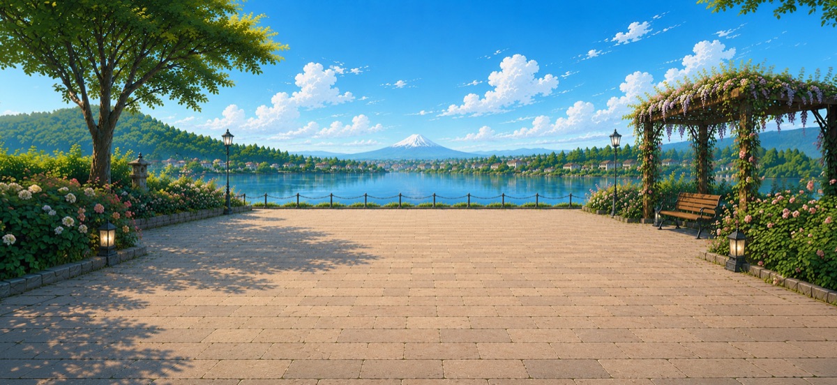 The Mount Fuji court in morning light, across the lake