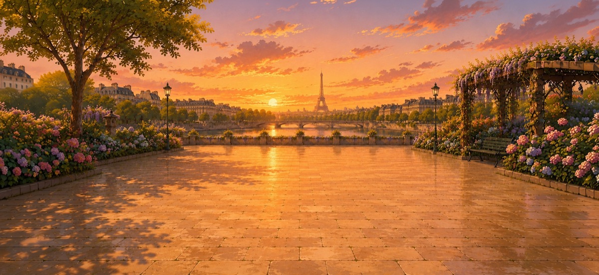 The Paris court at sunset — the Seine and the Eiffel Tower behind a flowered terrace