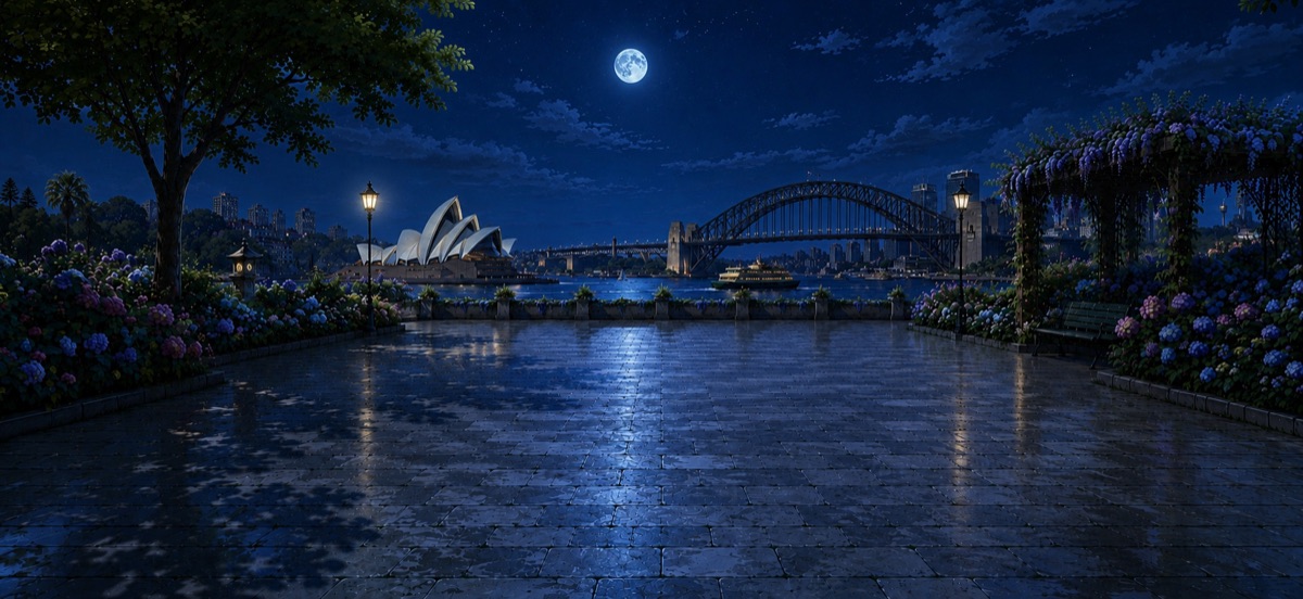 The Sydney court at night, harbour lights behind the baseline