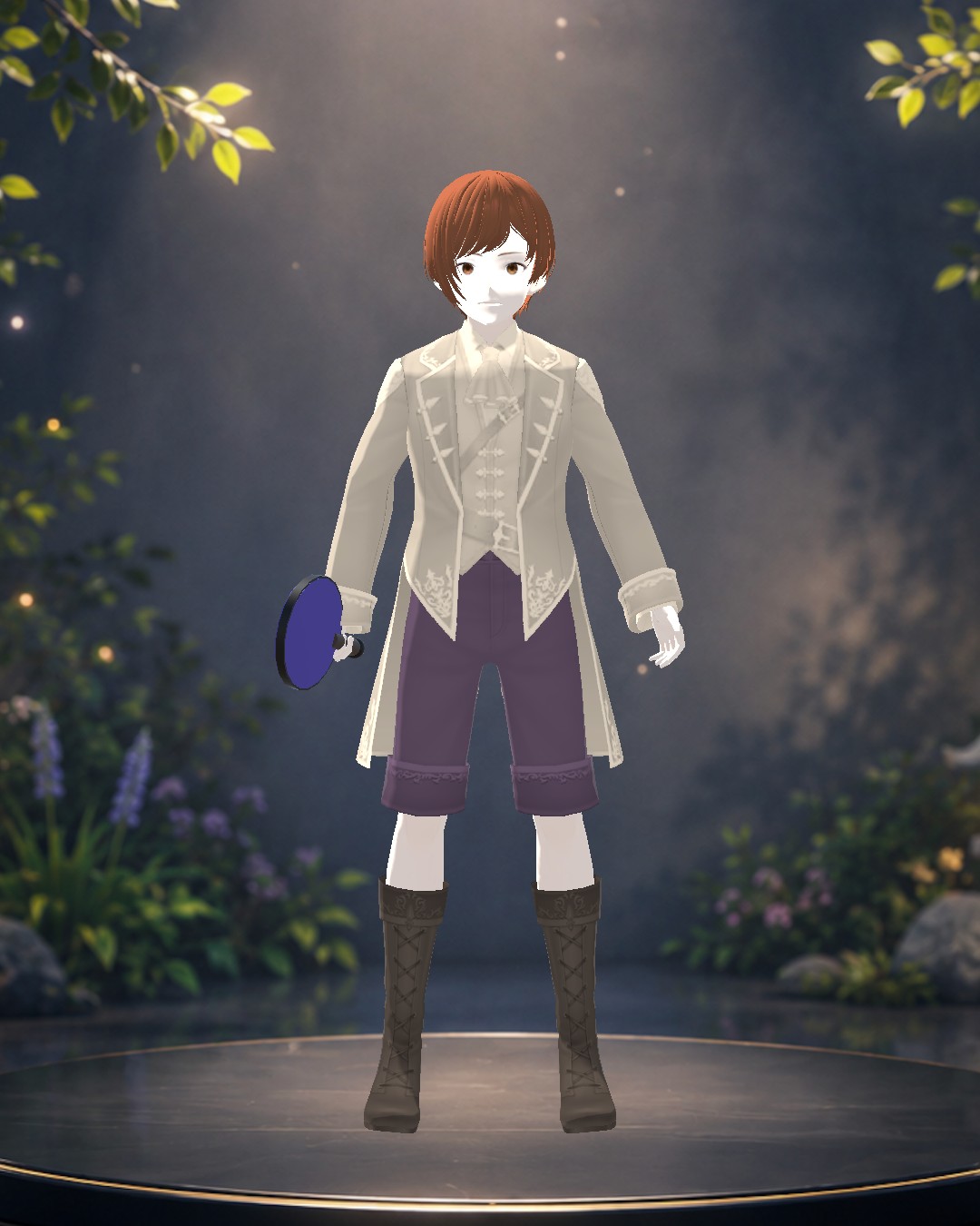 A cream frock coat with lace-up boots and a blue paddle