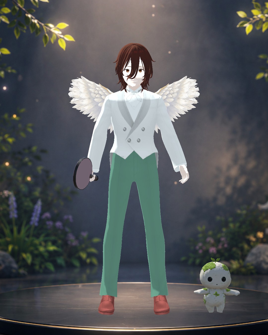 A white tux with angel wings, a moss golem pet alongside