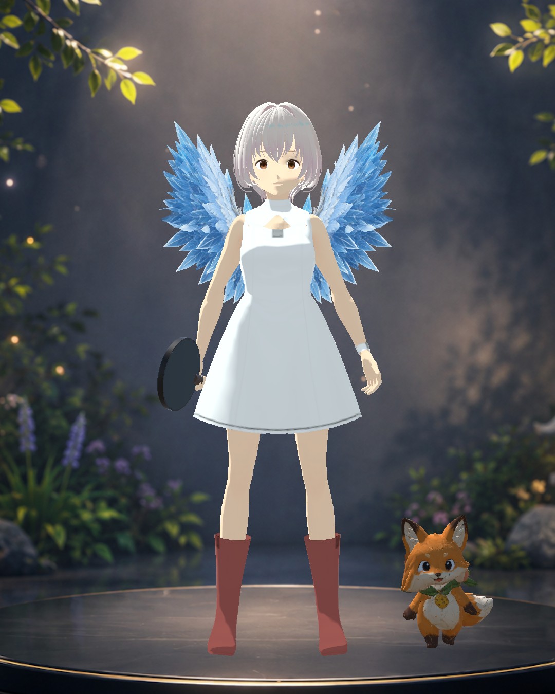 A white dress with ice wings, a fox pet alongside