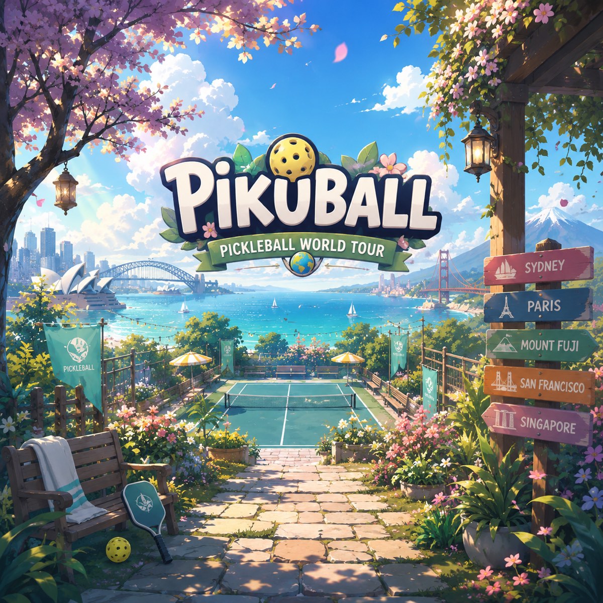Pikuball key art — a garden pickleball court above a painted bay, the Pickleball World Tour ribbon under the logo