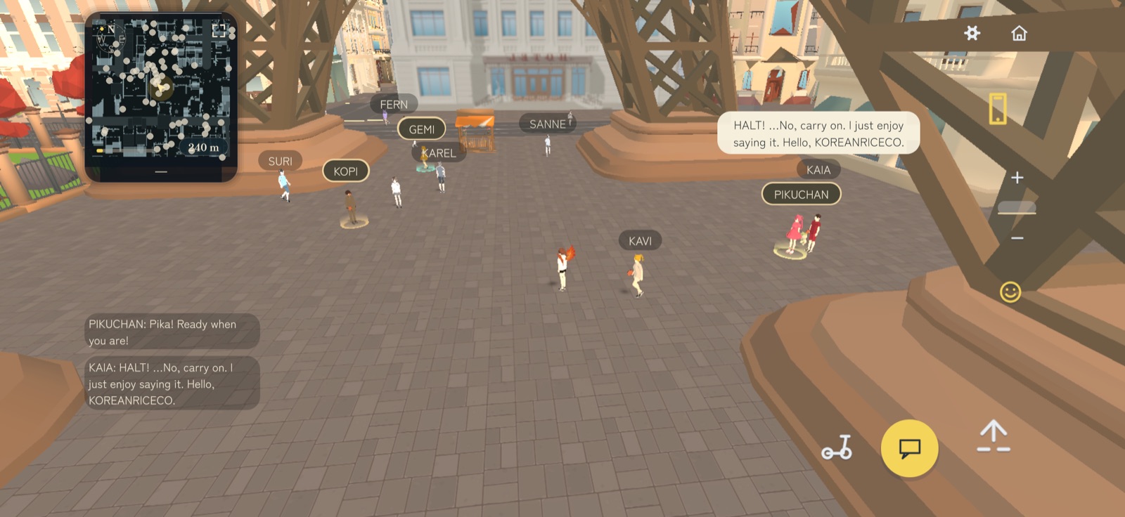 Two players meeting under the tower in Piku World, GEMI nearby, the city minimap in the corner