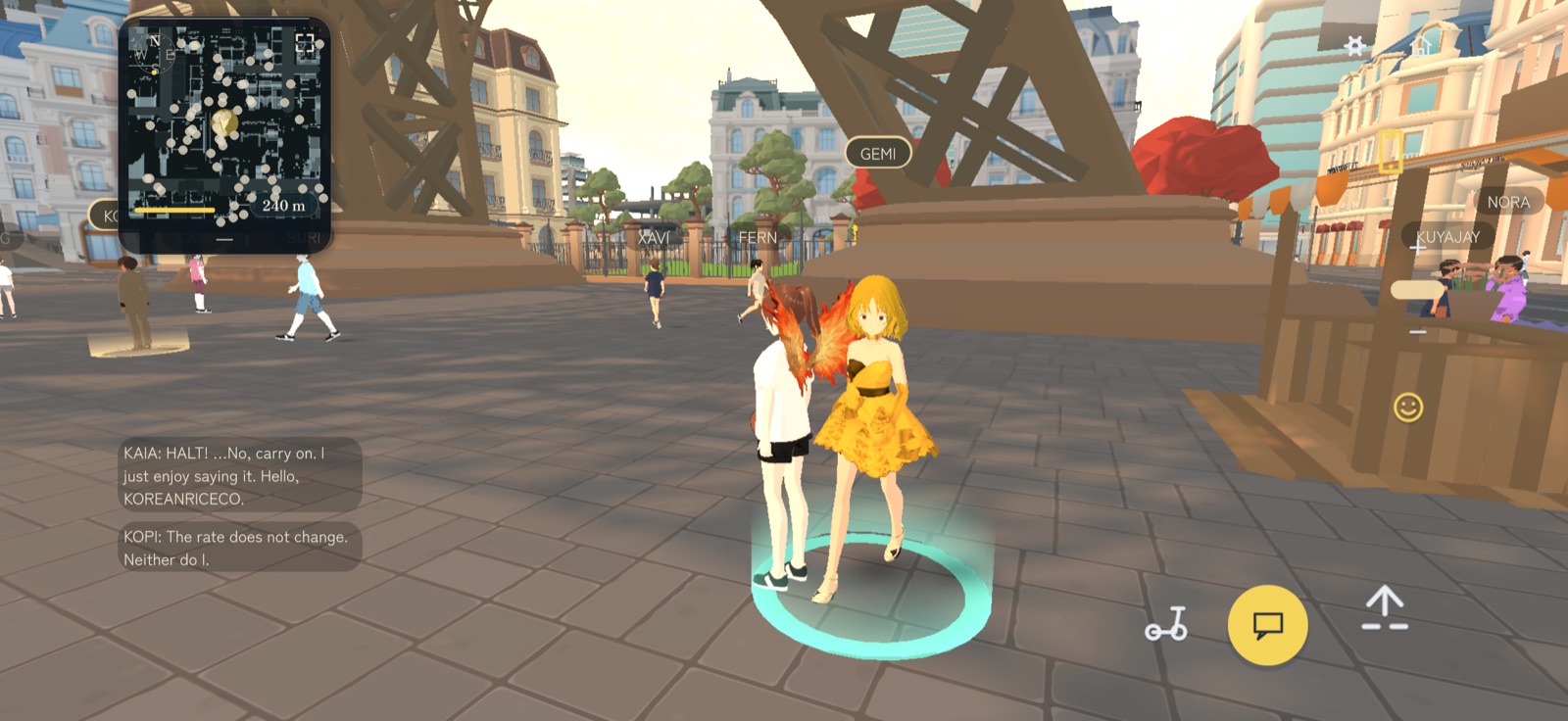 The plaza under the tower, full of named players and residents